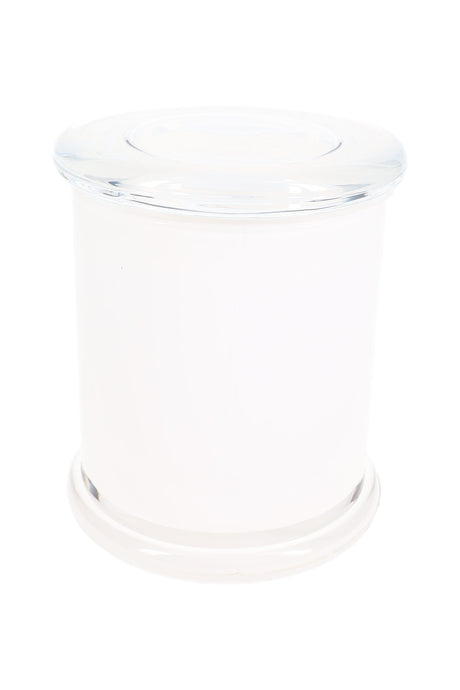 Opaque white XL glass jar with clear flat lid and smooth cylindrical silhouette, isolated on white background