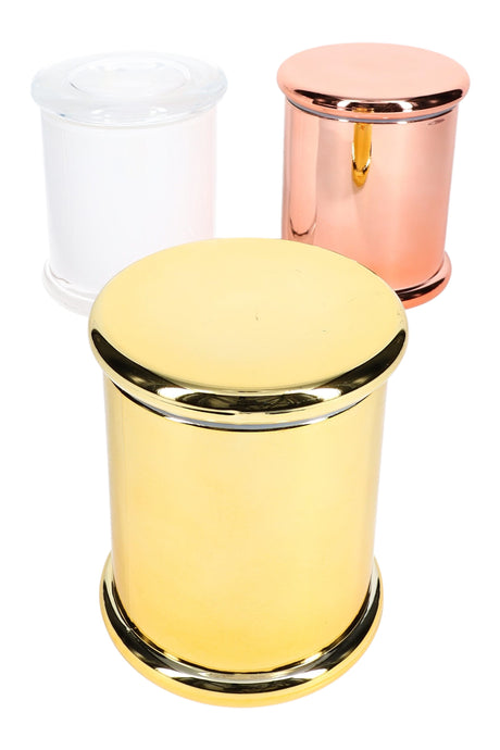 Trio of X-Large colored glass jars in glossy gold, copper and opaque white finishes, each with matching flat lids against white background