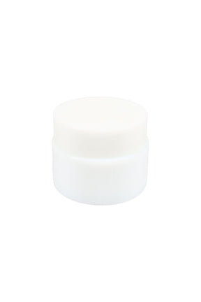 Mini white glass wax storage jar with matching screw-top lid, centered on clean white background, ideal for cannabis concentrates or cosmetics