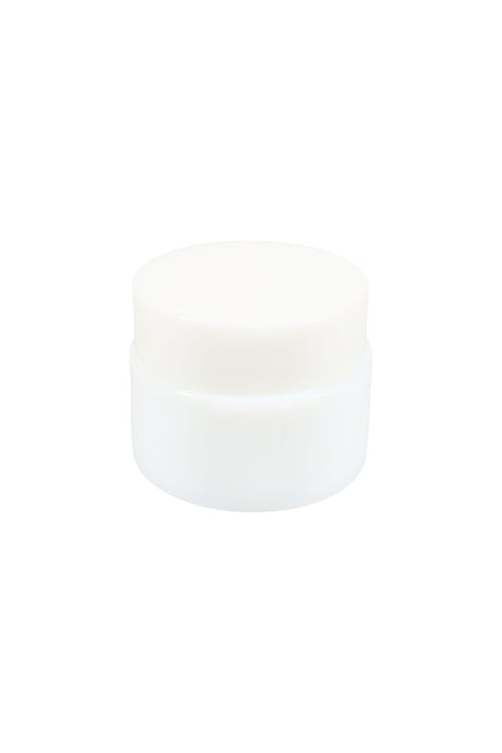 Mini white glass wax storage jar with matching screw-top lid, centered on clean white background, ideal for cannabis concentrates or cosmetics
