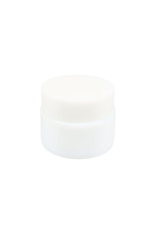 Mini white glass wax storage jar with matching screw-top lid, centered on clean white background, ideal for cannabis concentrates or cosmetics
