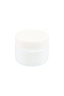 Side-angle view of small opaque white glass concentrate jar with threaded lid, showing compact squat profile against white backdrop