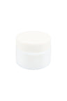 Side-angle view of small opaque white glass concentrate jar with threaded lid, showing compact squat profile against white backdrop