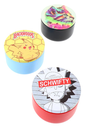 Trio of round metal stash jars with random pop-culture lid graphics—honeycomb Pikachu, Schwifty cartoon and rainbow raccoon—on white background