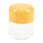 Small clear glass stash jar with rounded wood-grain tamper-evident lid, centered on white background, perfect for cannabis flower or edibles
