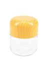 Small clear glass stash jar with rounded wood-grain tamper-evident lid, centered on white background, perfect for cannabis flower or edibles