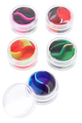 Clear 7 ml plastic jars featuring multicolor split silicone liners in assorted hues, lids on and off, shown from overhead for size reference.