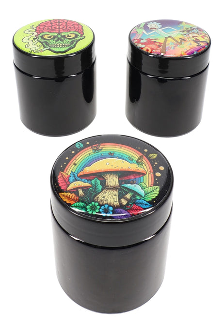 Three black glass stash jars with colorful psychedelic decal lids—rainbow mushroom, Rick cartoon and green alien skull—on glossy black background