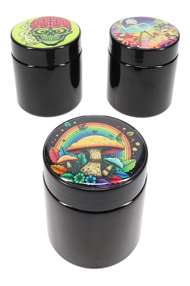 Three black glass stash jars with colorful psychedelic decal lids—rainbow mushroom, Rick cartoon and green alien skull—on glossy black background