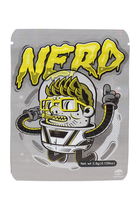 3.5 g mylar bag with “Nerd” cartoon astronaut artwork in yellow and gray, compact ⅛ oz storage pouch for small contents.
