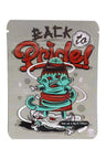 3.5 g mylar bag with “Back to Pride” teal zombie character and red script on gray, ⅛ oz storage pouch for small items.