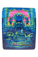 3.5 g mylar bag “Dog Overlord” throne scene in neon blues and pinks with robot canines, ⅛ oz storage pouch.
