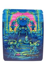 3.5 g mylar bag “Dog Overlord” throne scene in neon blues and pinks with robot canines, ⅛ oz storage pouch.