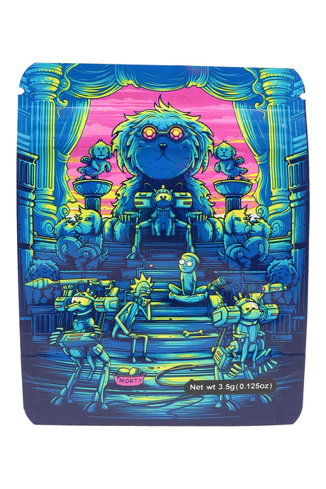 3.5 g mylar bag “Dog Overlord” throne scene in neon blues and pinks with robot canines, ⅛ oz storage pouch.
