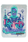 3.5 g mylar bag “Skillful Robot” graffiti-style teal cyborg holding a brain, compact ⅛ oz storage pouch.