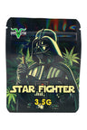 3.5 g mylar bag featuring a dark-helmet space character and stars; ⅛ oz “Star Fighter” design for compact storage.
