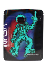 3.5 g mylar bag with teal astronaut on galaxy gradient; durable ⅛ oz “NASA” style storage pouch.