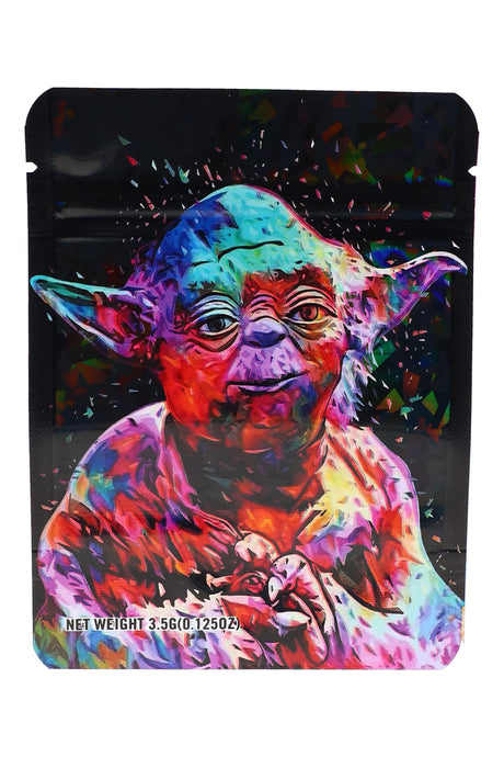 3.5 g mylar bag with vivid portrait of a green-eared sci-fi master; ⅛ oz “Master Y” design storage pouch.