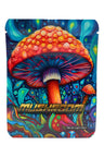Vibrant 3.5 g mylar bag with large red-capped mushroom on deep blue background; ⅛ oz storage pouch in “Trippy” design.