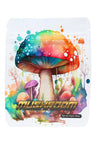 White 3.5 g mylar bag with watercolor rainbow mushroom and splatter art; ⅛ oz storage pouch in “Watercolor” style.