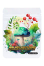 White 3.5 g mylar bag with green forest mushroom surrounded by leaves and berries; ⅛ oz “Forest” design storage pouch.