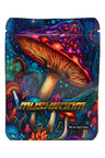 Dark 3.5 g mylar bag with neon purple and orange mushrooms in a psychedelic scene; ⅛ oz “Psychedelic” design.