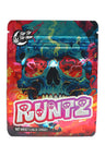 3.5 g mylar bag with teal skull over fire-red background and “Runtz” lettering; compact ⅛ oz skull-art storage pouch.