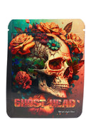 Floral skull with roses on a dark background; 3.5 g mylar bag in “Ghost Head” style for striking ⅛ oz storage.