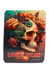 Floral skull with roses on a dark background; 3.5 g mylar bag in “Ghost Head” style for striking ⅛ oz storage.