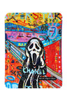 Graffiti collage with screaming ghost mask; colorful 3.5 g mylar bag for ⅛ oz storage in street-art skull design.