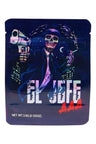 Dark night scene with skeletal mobster holding pistol and cigarette; 3.5 g ⅛ oz “El Jefe” skull design pouch.