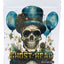 White bag with top-hat skull, teal balloons, and florals; elegant 3.5 g ⅛ oz “Ghost Head” storage pouch.