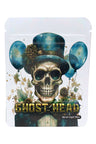 White bag with top-hat skull, teal balloons, and florals; elegant 3.5 g ⅛ oz “Ghost Head” storage pouch.