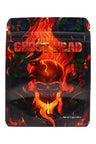 Black bag with blazing red-orange flaming skull and metallic title; 3.5 g ⅛ oz “Ghost Head” fire design pouch.