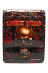 Ornate gold skull framed by red roses; glossy 3.5 g mylar bag for ⅛ oz storage in baroque “Ghost Head” style.