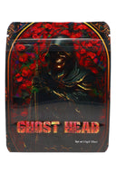 Hooded reaper surrounded by red roses and gold frame; 3.5 g ⅛ oz “Ghost Head” grim skull design pouch.