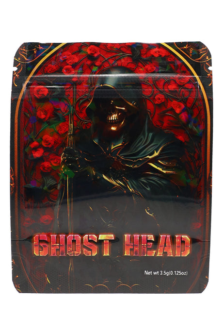 Hooded reaper surrounded by red roses and gold frame; 3.5 g ⅛ oz “Ghost Head” grim skull design pouch.