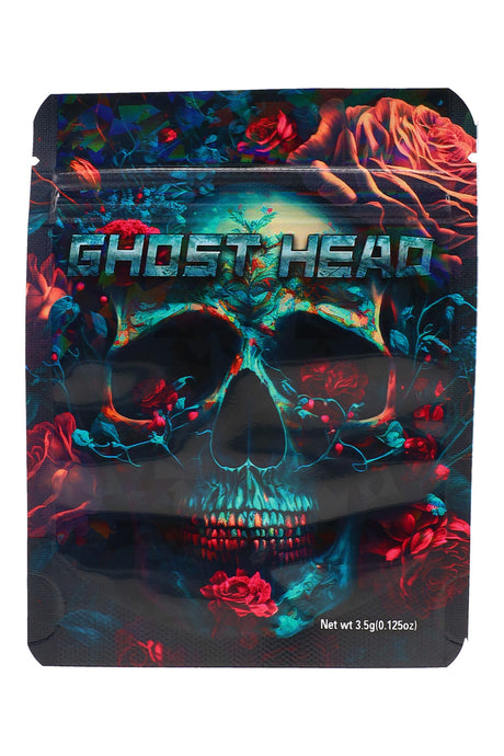 Teal floral skull with roses beneath “Ghost Head” logo; 3.5 g mylar bag for tidy ⅛ oz storage.