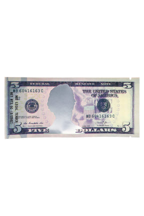 Five-dollar bill 3.5 g mylar bag with currency print and silver silhouette window; select this single-design 50-pack.