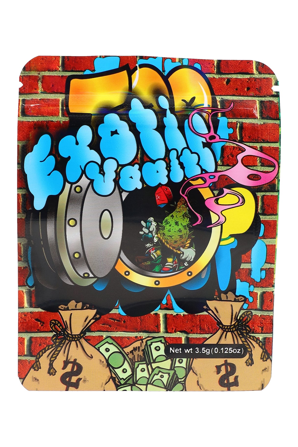 Exotic Vault 3.5 g mylar bag with graffiti vault door, cash sacks, and brick-wall art; available as a one-design 50-pack.