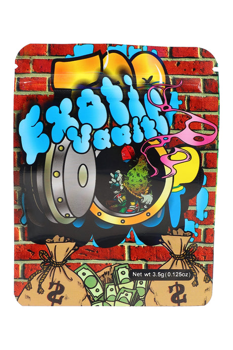 Exotic Vault 3.5 g mylar bag with graffiti vault door, cash sacks, and brick-wall art; available as a one-design 50-pack.
