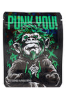 Punk You 3.5 g mylar bag featuring punk chimp illustration and neon graffiti on black; one-design per 50-pack.
