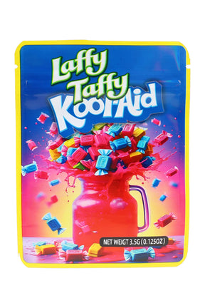 3.5 g mylar bag with bright blue header and colorful taffy pieces bursting from a red pitcher; single-design 50-pack option.