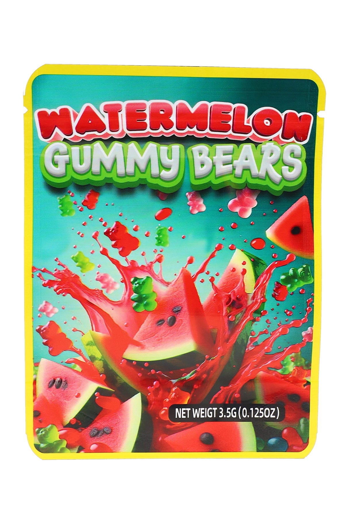 3.5 g mylar bag featuring watermelon slices and gummy bears splashing in red juice on teal background; one-design bundle.