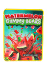 3.5 g mylar bag featuring watermelon slices and gummy bears splashing in red juice on teal background; one-design bundle.