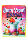 3.5 g mylar bag with yogurt splash surrounded by strawberries and blueberries on pink gradient; single-design option.