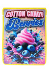 3.5 g mylar bag featuring cotton candy swirl with blueberries and blackberries on pastel backdrop; one-design 50-pack.