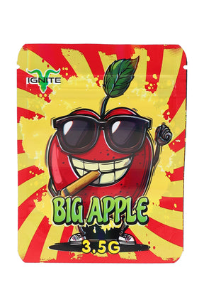 Big Apple 3.5 g mylar bag with cartoon red apple in sunglasses on a yellow burst background; single-design bundle.