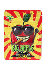 Big Apple 3.5 g mylar bag with cartoon red apple in sunglasses on a yellow burst background; single-design bundle.