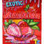 Exotic Strawberriez 3.5 g mylar bag with glossy red strawberry art and drip accents; bright red background.